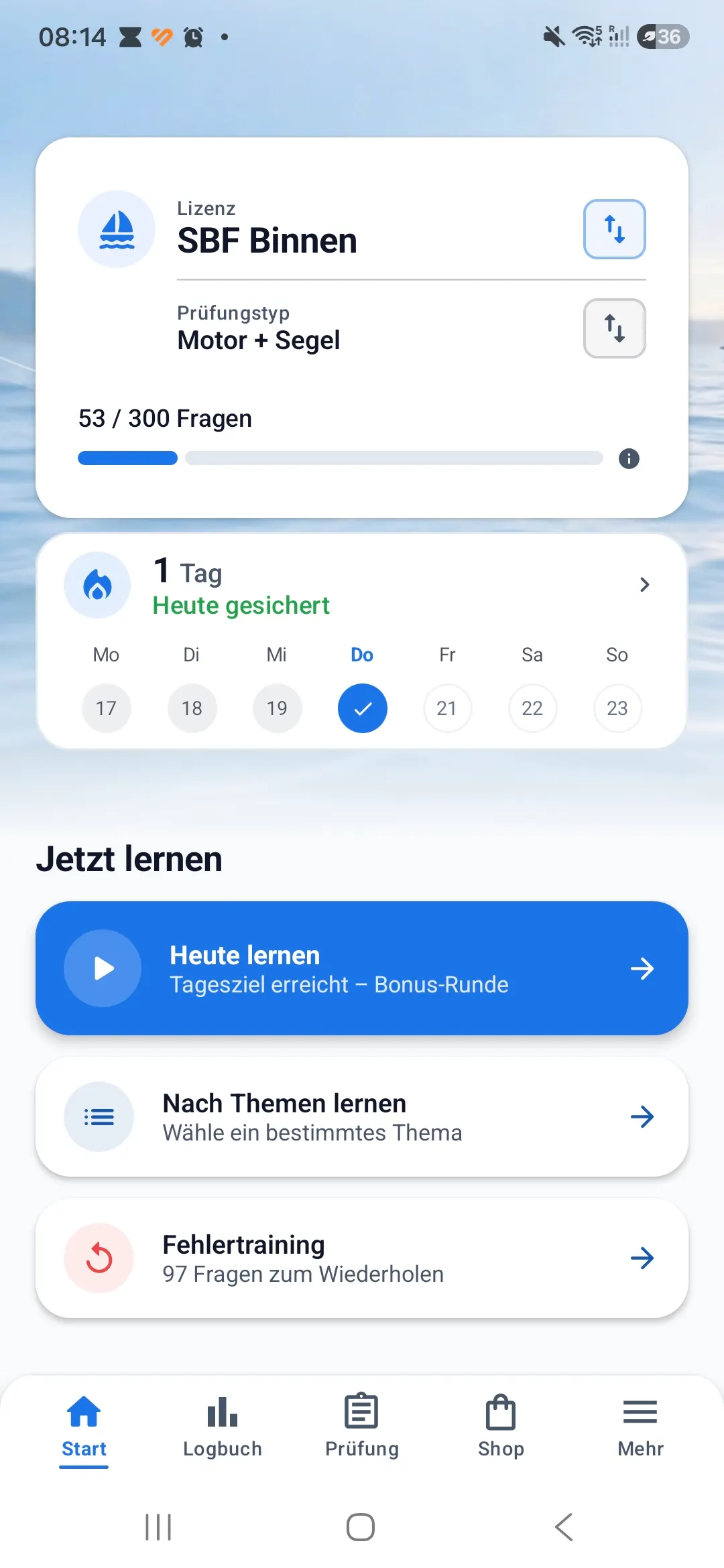 Boatpass App – Startbildschirm mit Tagesziel, Streak und Lernmodi