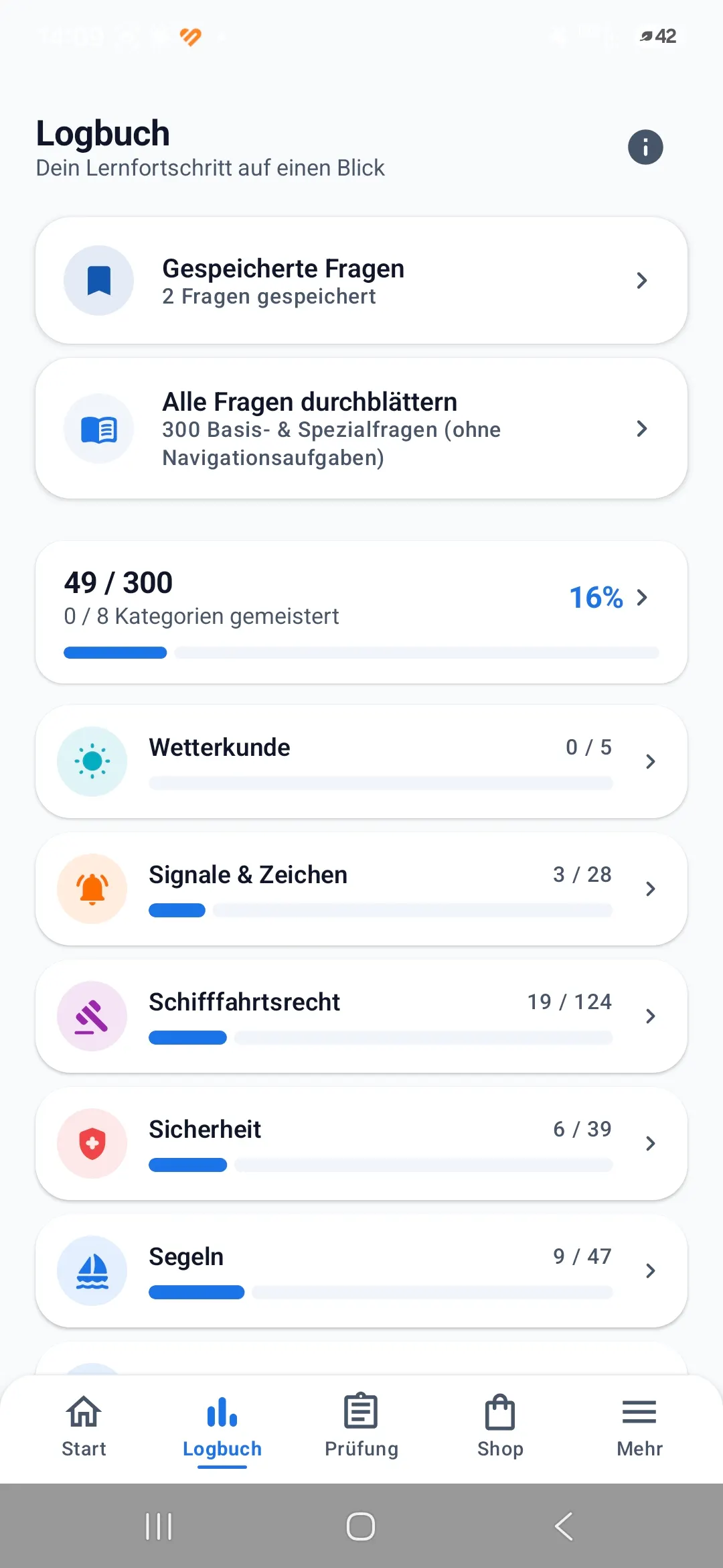 Boatpass App – Logbuch mit Fortschritt je Kategorie