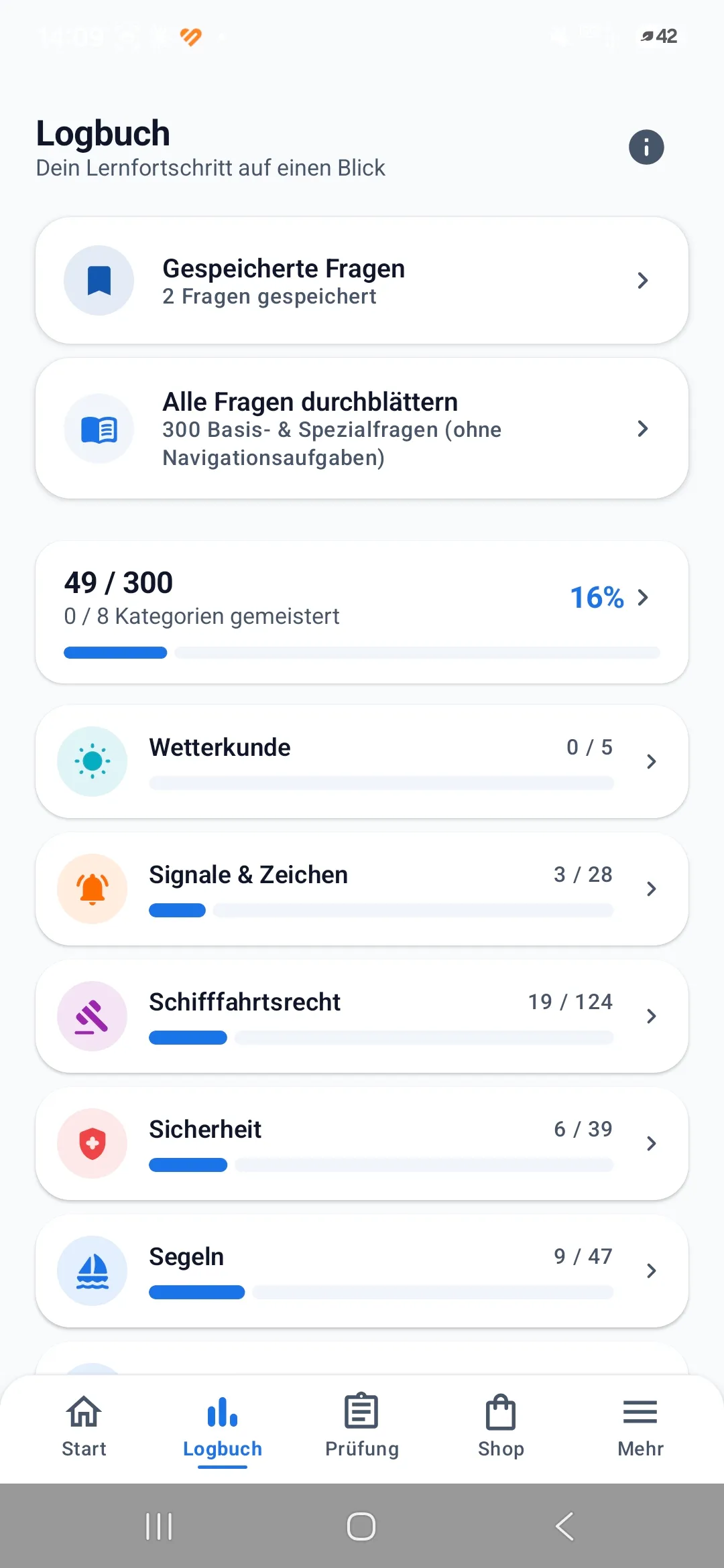 Boatpass App – Logbuch mit Fortschritt je Kategorie