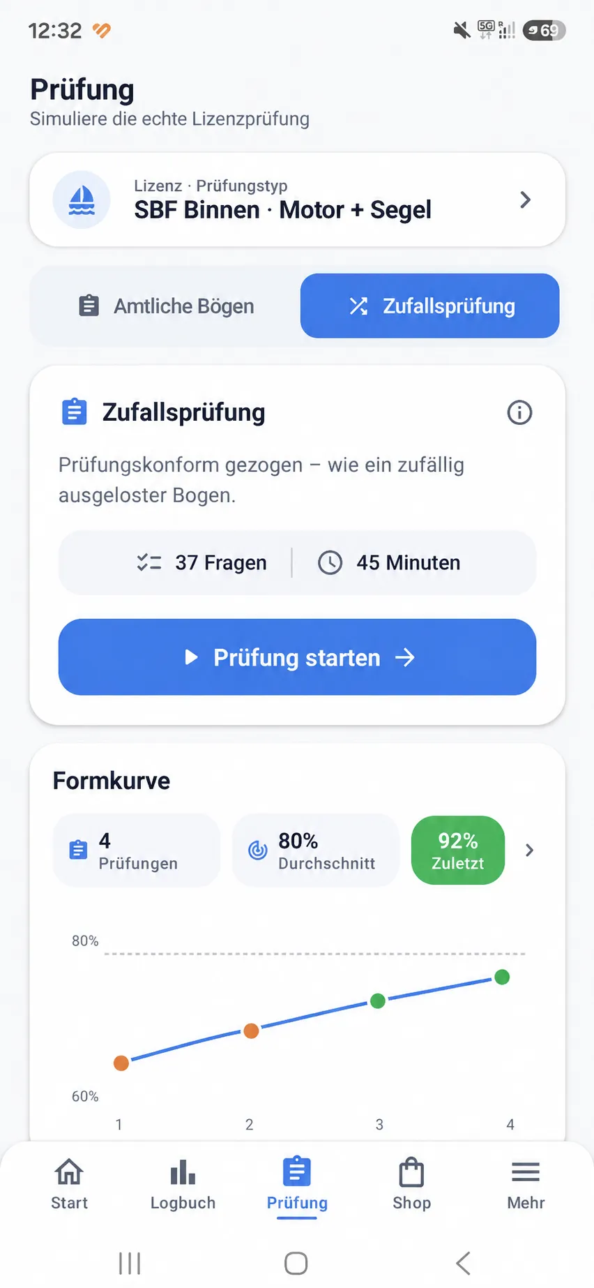 Boatpass App – Prüfungsbereich mit Formkurve