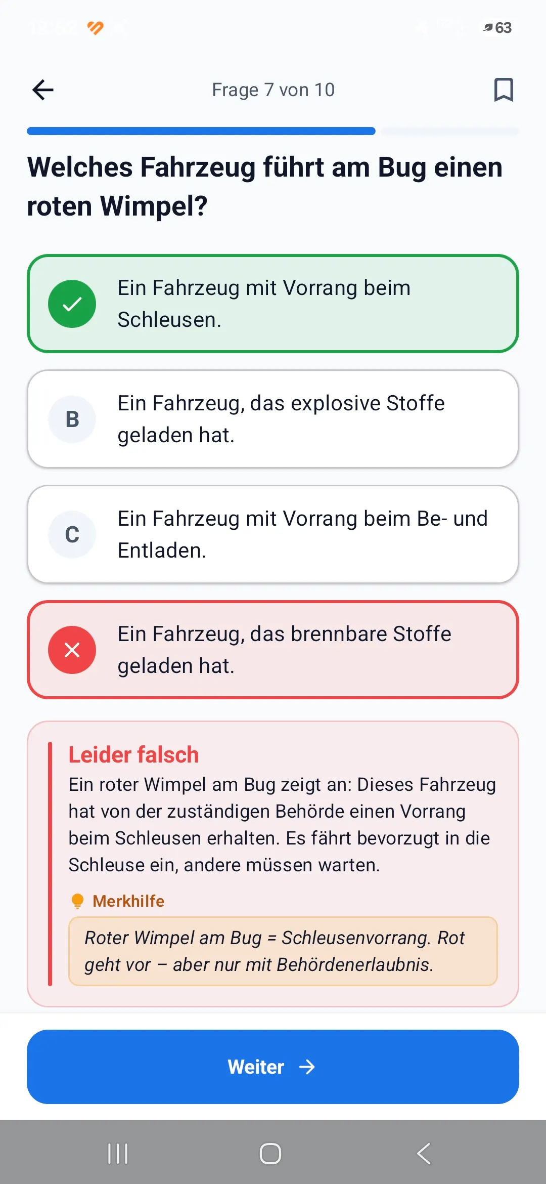 Boatpass App – Frage mit Erklärung und Merkhilfe