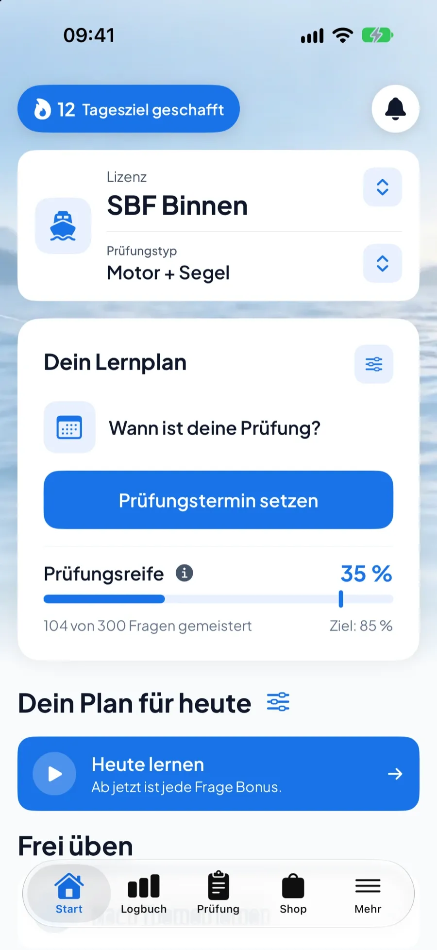 Boatpass App – Startbildschirm für SBF Binnen mit Fortschritt, Streak und Lernmodi