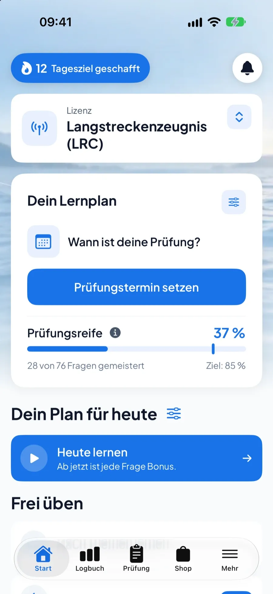 Boatpass App – Startbildschirm für LRC mit Fortschritt, Streak und Lernmodi