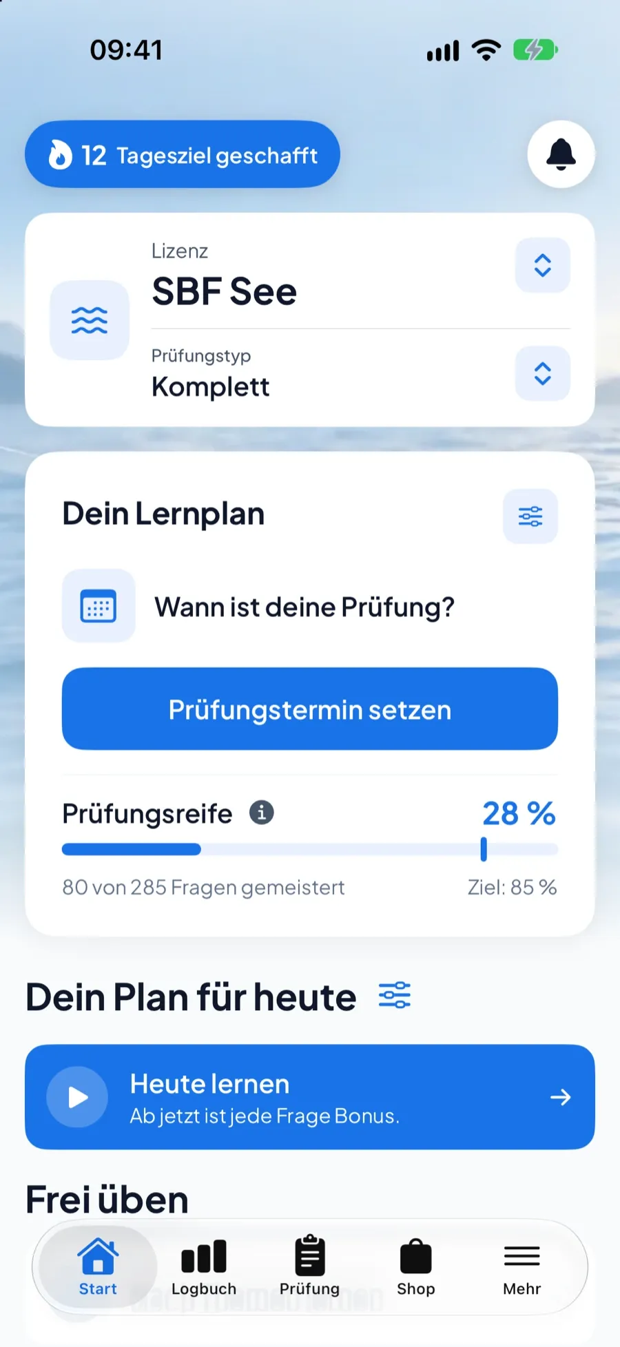 Boatpass App – Startbildschirm für SBF See mit Fortschritt, Streak und Lernmodi