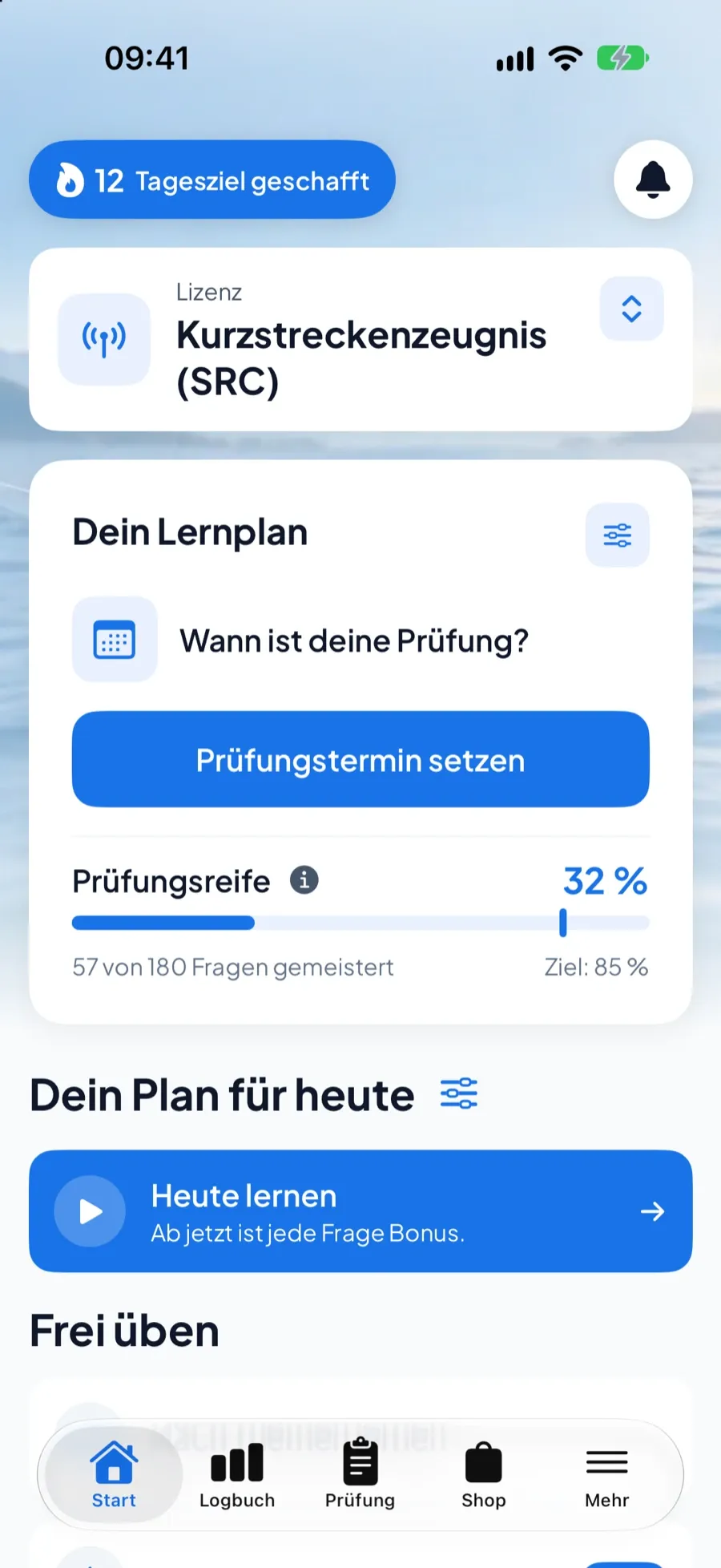 Boatpass App – Startbildschirm für SRC mit Fortschritt, Streak und Lernmodi