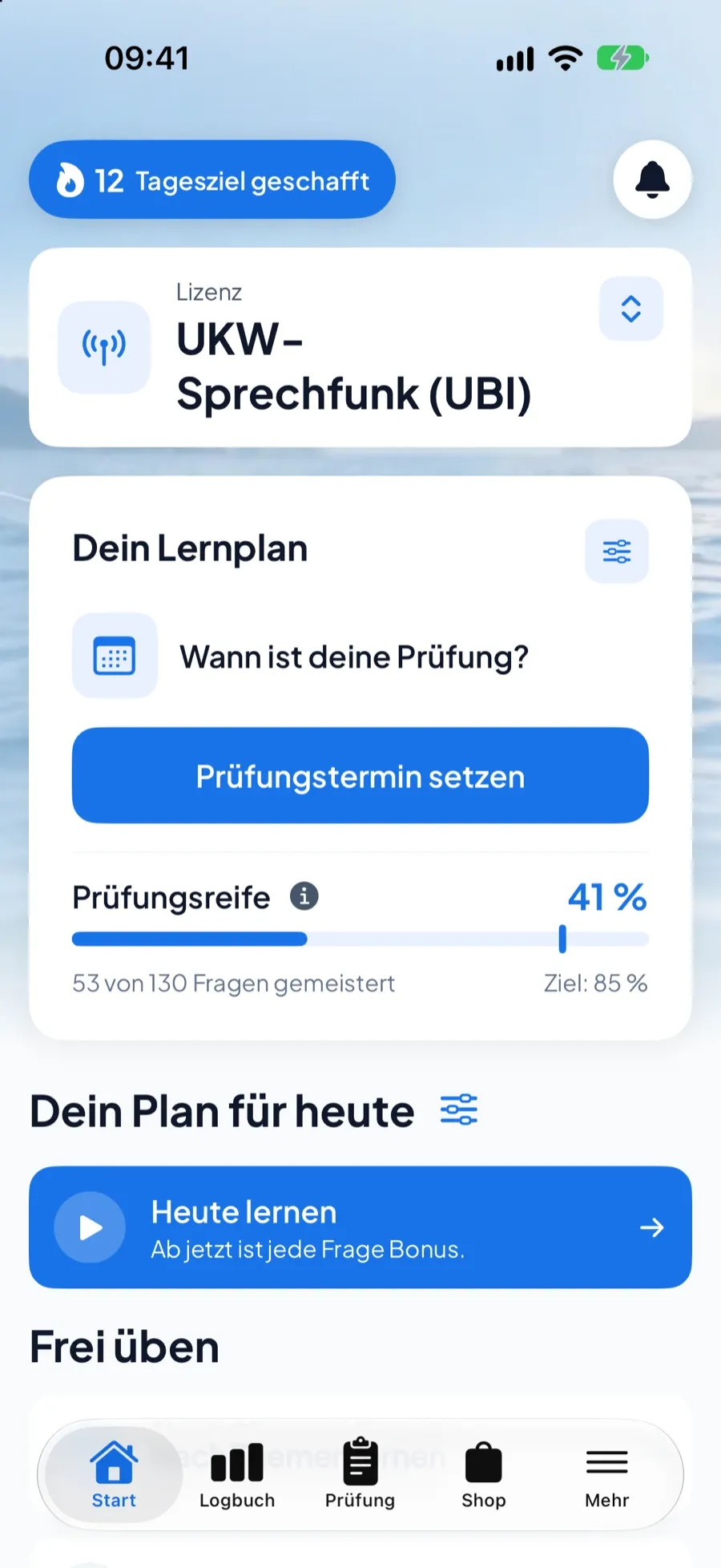 Boatpass App – Startbildschirm für UBI mit Fortschritt, Streak und Lernmodi